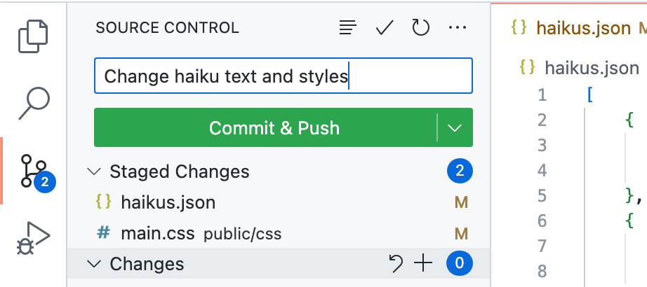 Screenshot of the "Source control" side bar with a commit message entered into the text box above the "Commit" button.