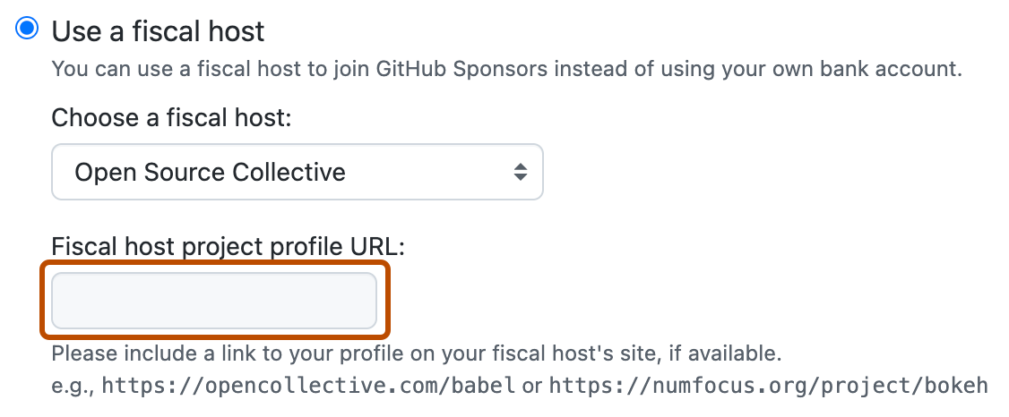 Capture d’écran des options d’hôte fiscal pour un profil de sponsor. Un champ de texte intitulé « URL de profil du projet d’hôte fiscal » est encadré en orange foncé.