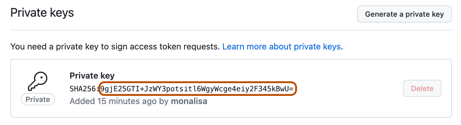 Screenshot of a private key in a GitHub App settings page. The fingerprint, the part of the private key after the colon, is outlined in dark orange.
