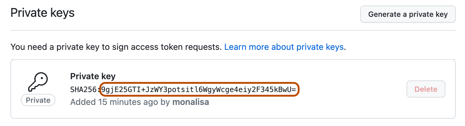 Captura de tela de uma chave privada em uma página de configurações do GitHub App. A impressão digital, a parte da chave privada após os dois-pontos, está contornada em laranja escuro.