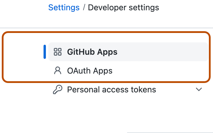 GitHub의 "개발자 설정" 페이지에서 사이드바의 스크린샷 "GitHub Apps" 및 "OAuth apps"(이)라는 레이블이 지정된 옵션은 진한 주황색으로 표시됩니다.
