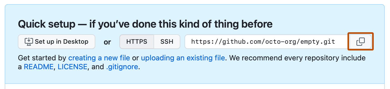 Captura de pantalla de las instrucciones de configuración rápida para un repositorio vacío. A la derecha de la dirección URL HTTPS del repositorio, hay un icono de copia resaltado en naranja oscuro.