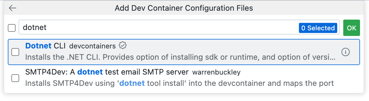 テキスト ボックスに "dotnet" が表示され、ドロップダウン リストに "Dotnet CLI" が表示されてい [開発コンテナー構成ファイルの追加] ドロップダウンのスクリーンショット。