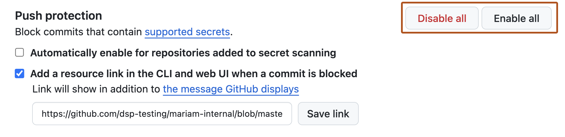 Screenshot of the "Push protection" section of the "Code security and analysis" page. Two buttons, labeled "Enable all" and "Disable all", are highlighted with a dark orange outline.