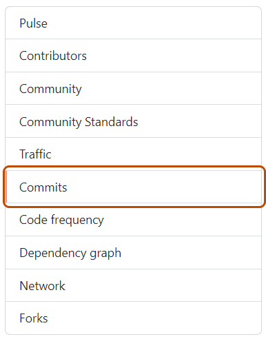 Screenshot: Linke Randleiste. Die Registerkarte „Commits“ ist dunkelorange umrandet.