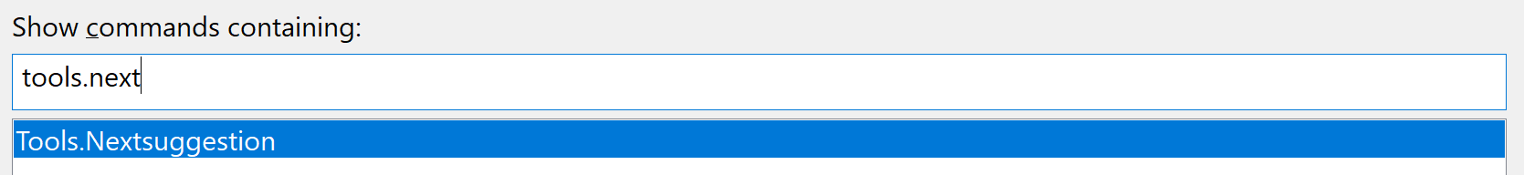 Screenshot der Suchleiste „Befehle mit folgendem Inhalt anzeigen“ Die Zeichenfolge „tools.next“ wird in das Suchfeld eingegeben.