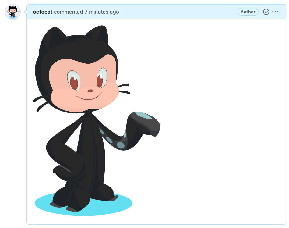 Markdown에 추가된 이미지를 보여 주는 GitHub 문제에 대한 댓글의 스크린샷으로, 촉수를 들고 웃고 있는 옥토캣의 모습.