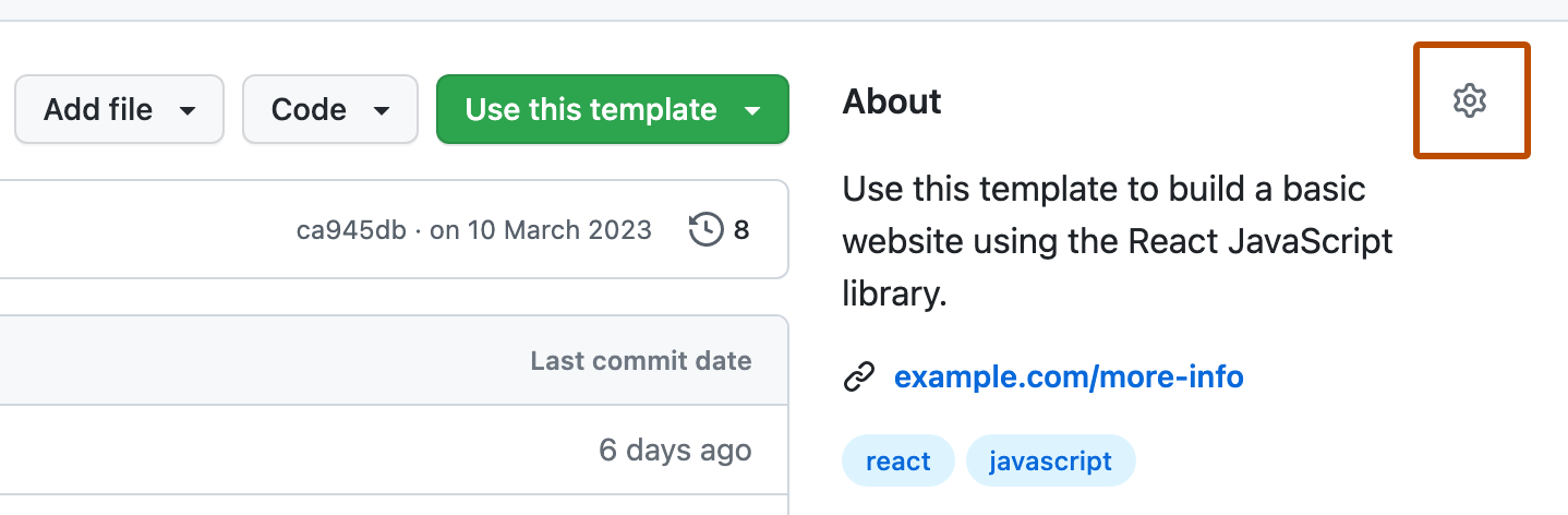 Captura de tela da seção "Sobre" em uma página do repositório. O botão de configurações (um símbolo de engrenagem) está destacado com um contorno laranja escuro.