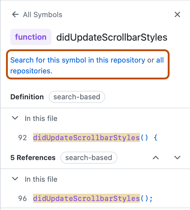 Screenshot of the function window. Two links, labeled, "Search for this symbol in this repository" and "all repositories," are outlined in dark orange.