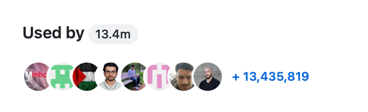 リポジトリの [使用元] セクションのスクリーンショット。 [使用元] ヘッダーの右には "13.4m" とあります。 ヘッダーの下には、8 人のアバターと "+13,435,819" があります。