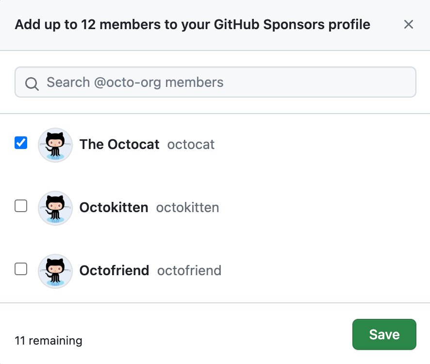 組織の GitHub Sponsors プロファイルに組織のメンバーを追加するためのモーダルのスクリーンショット。