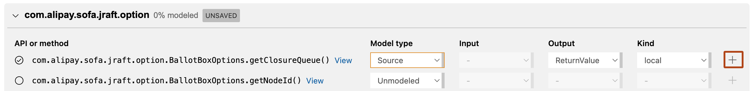 Screenshot of the "Dependency mode" view of the CodeQL model pack editor in Visual Studio Code showing the public methods available in the "com.alipay.soft.jraft.option" package ready for modeling. The "View" option for the first method is highlighted with a dark orange outline.