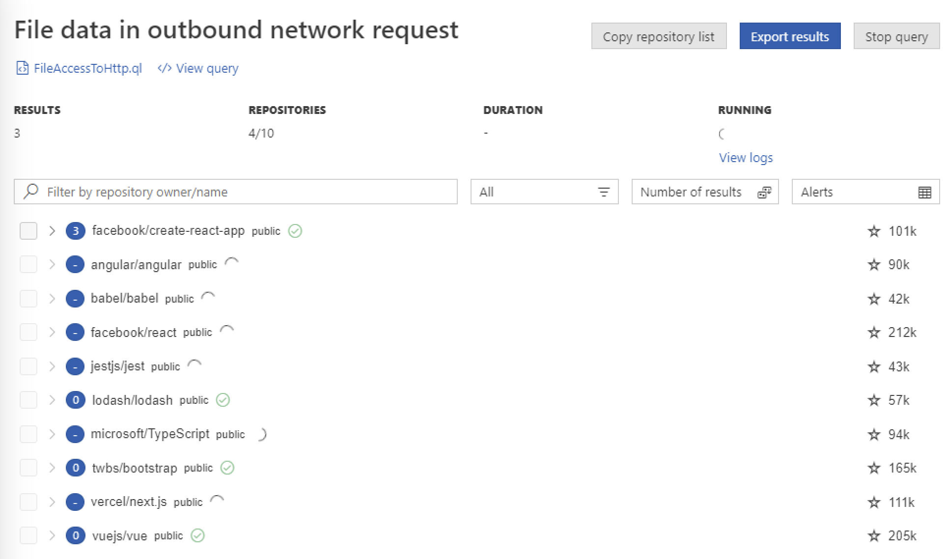 Capture d’écran de « Résultats d’analyse de variantes » montrant une exécution pour « FileAccessToHttp.ql ». Les cercles bleus indiquent le nombre de résultats trouvés ou « - » toujours en cours d’exécution.