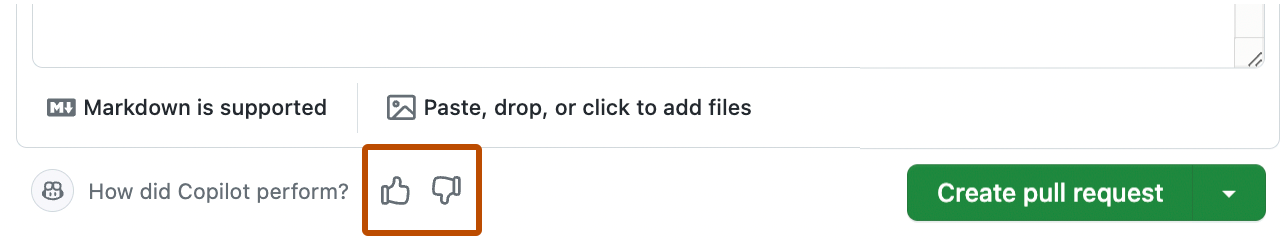 pull request コメントの下部のスクリーンショット。 フィードバック アイコン (サムアップとサムダウン) は、濃いオレンジ色の枠線で強調表示されています。