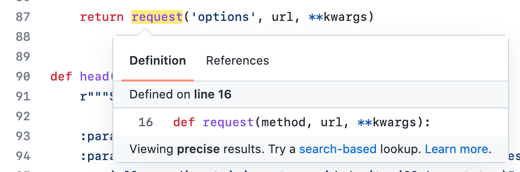 Captura de tela que mostra um arquivo de código com uma função chamada "solicitação" realçada e uma janela pop-up com informações sobre a função abaixo. O pop-up tem duas guias: "Definição" e "Referência".
