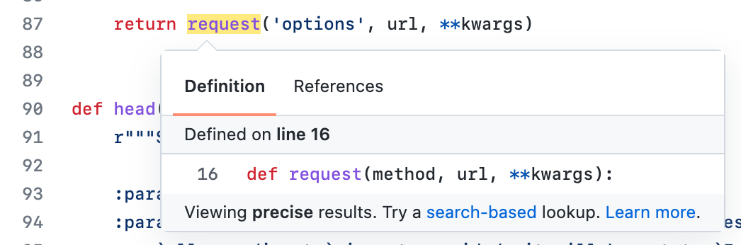 Capture d’écran montrant un fichier de code avec une fonction appelée « request » mise en évidence et une fenêtre contextuelle avec des informations sur la fonction en dessous. La fenêtre contextuelle a deux onglets : « Définition » et « Référence ».