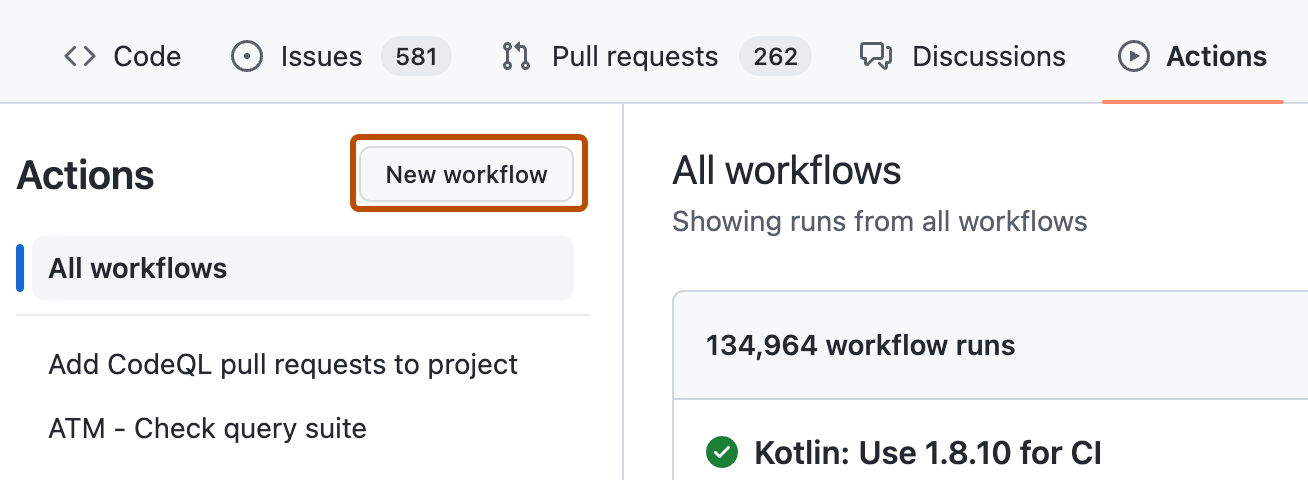 リポジトリの [アクション] タブのスクリーンショット。 [新しいワークフロー] ボタンが濃いオレンジ色で囲まれています。