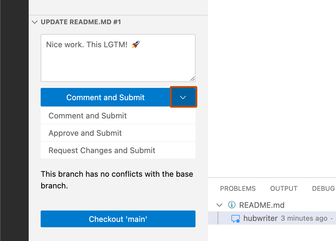 Captura de tela da barra lateral mostrando as opções suspensas "Comentar e Enviar", "Aprovar e Enviar" e "Solicitar Alterações e Enviar".