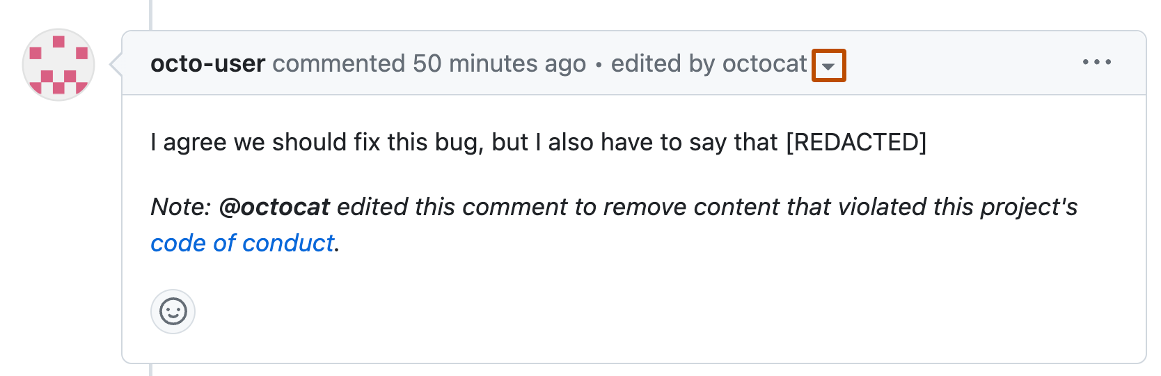 octo-user 的评论的屏幕截图，该评论已被部分编辑。 在评论标题中的“由 octocat 编辑”文本旁边，一个下拉图标以橙色框出。
