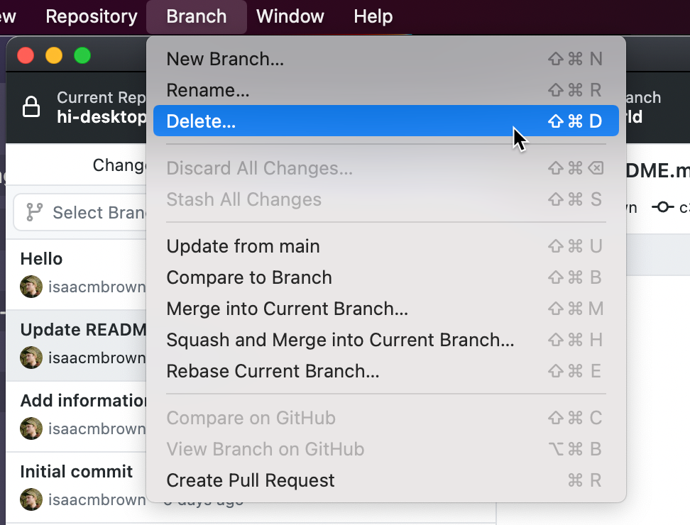 Captura de tela da barra de menus em um Mac. No menu suspenso "Branch" expandido, o cursor passa o mouse sobre a opção "Excluir", realçada em azul.