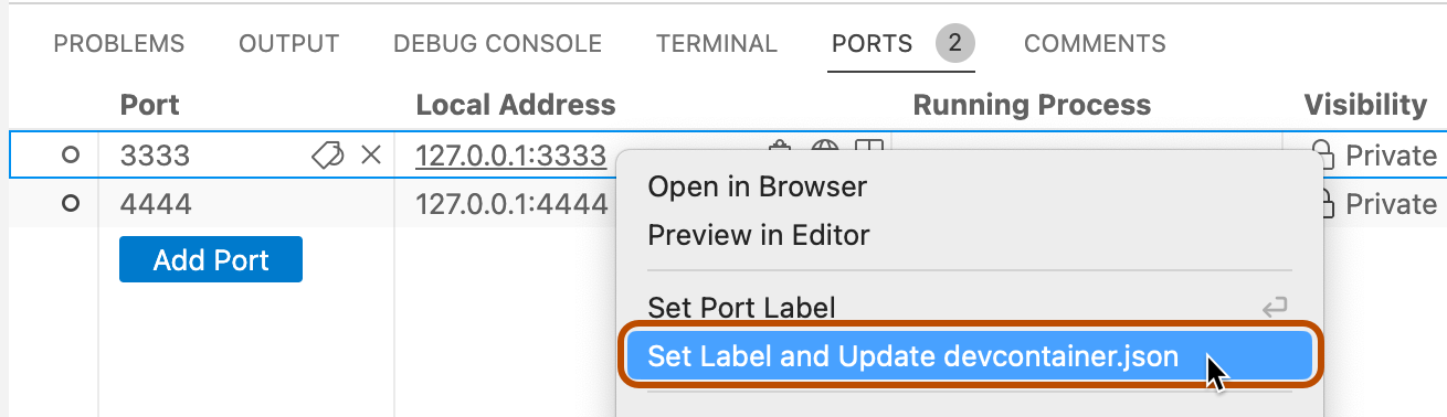 Capture d’écran du menu contextuel d’un port transféré, avec l’option « Définir l’étiquette et mettre à jour devcontainer.json » mise en évidence avec un encadré orange.
