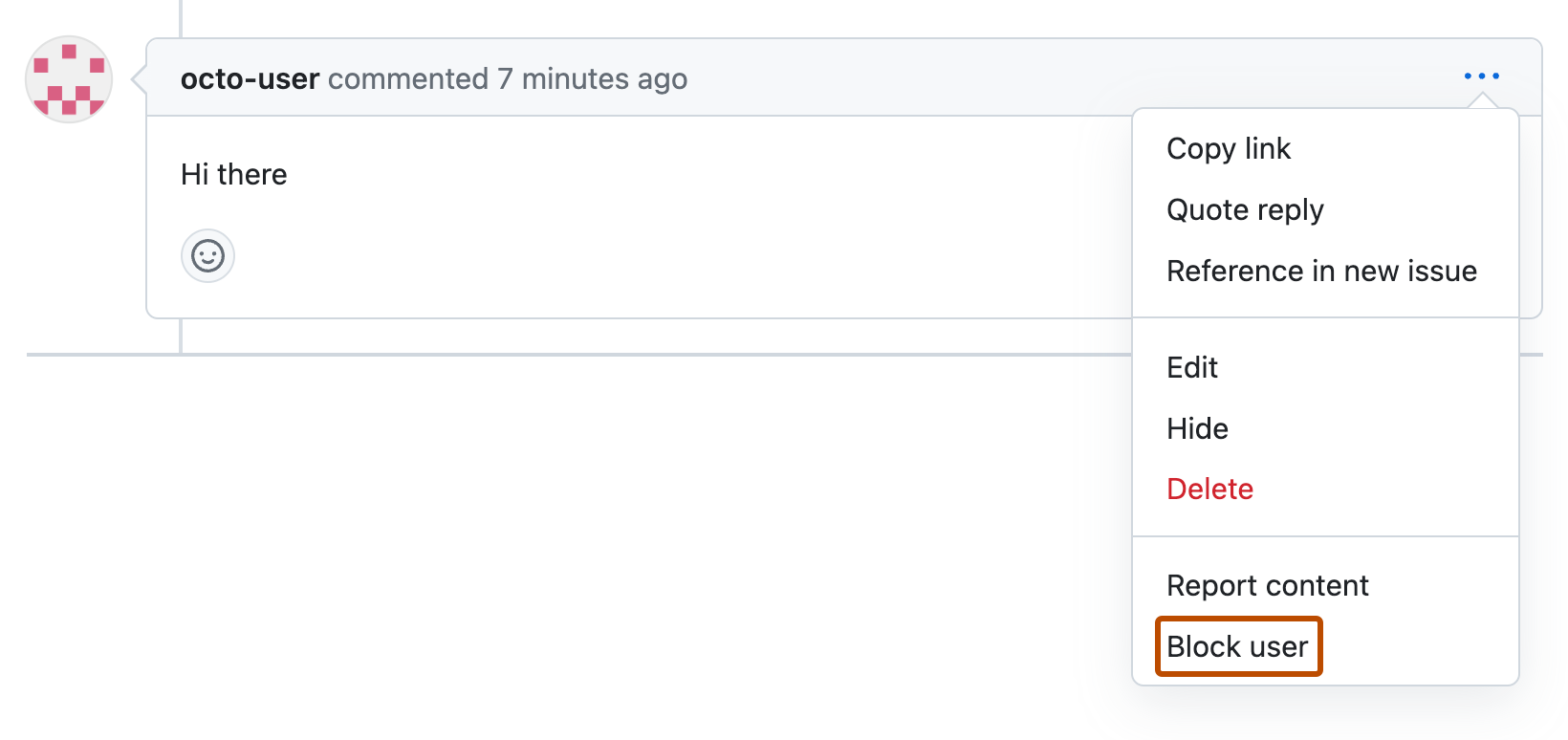 octo-user による pull request コメントのスクリーンショット。 3 つの水平ドットのアイコンの下にドロップダウン メニューが展開され、[ユーザーのブロック] がオレンジ色の枠線で囲まれています。