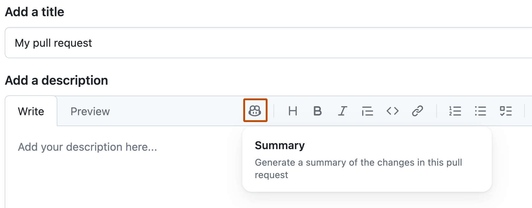 Screenshot des Formulars für einen Pull Request. Ein Copilot-Symbol ist hervorgehoben, und ein Feld mit dem Befehl „Zusammenfassung“ wird angezeigt.