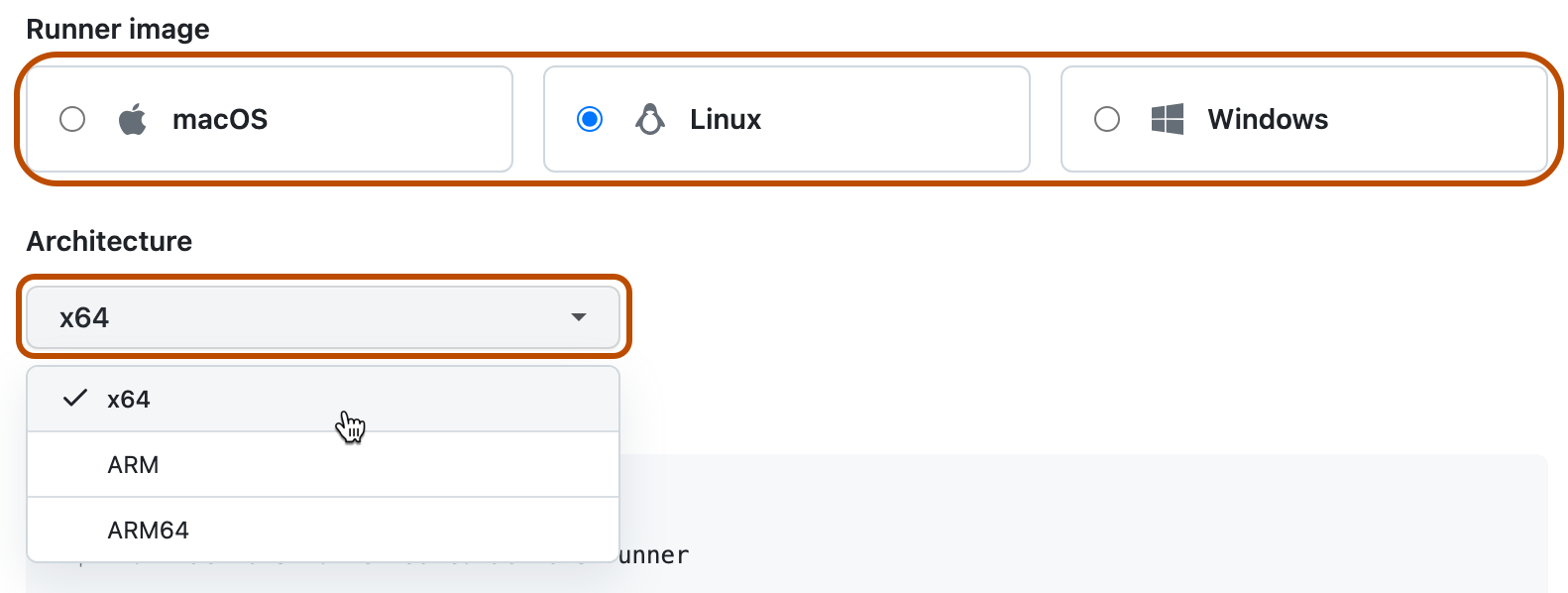 Captura de tela da escolha do sistema operacional e da arquitetura. Essas opções são realçadas com um contorno laranja escuro.