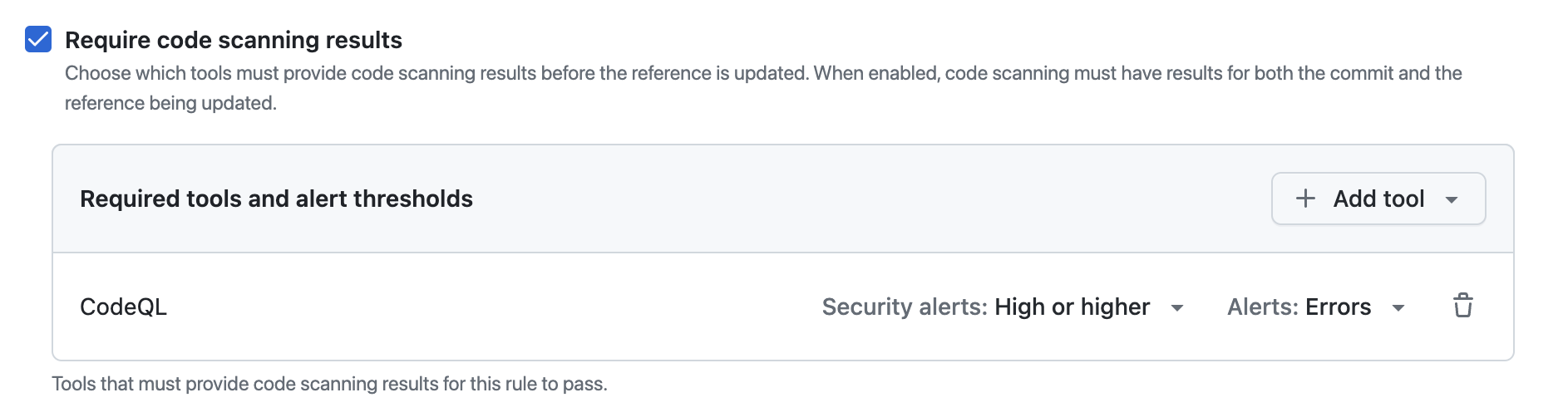 Screenshot of the "Required tools and alert thresholds" section of "Rulesets" settings.