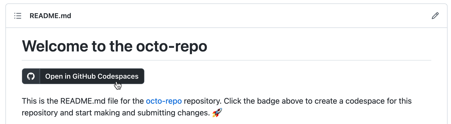 Screenshot of an "Open in GitHub Codespaces" badge on a README page.