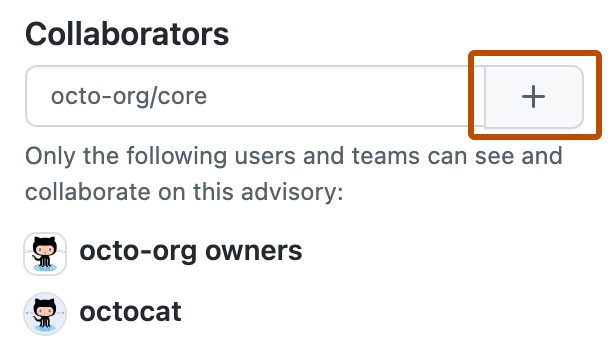 Screenshot of the "Collaborators" area in the right sidebar of a draft security advisory. The "Add collaborator" button, a plus icon, is outlined in dark orange.