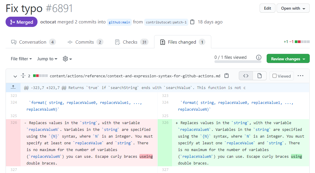 Example of pull request - Files changed tab