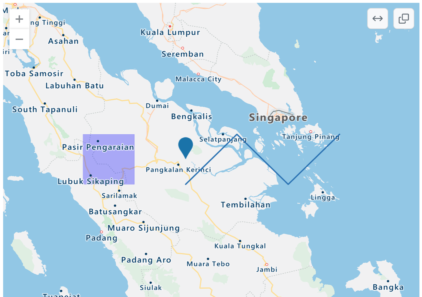 Снимок экрана: отображенная карта TopoJSON частей Индонезии, Сингапура и Малайзии с синей точкой, фиолетовым прямоугольным наложением и синим зигзагом.