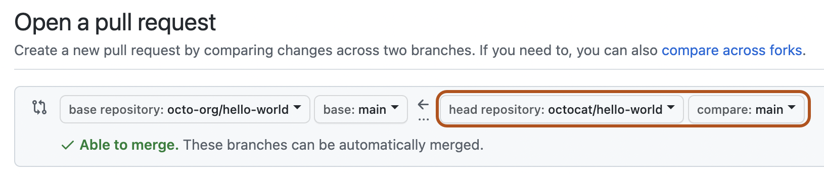 Drop-down menus for choosing the head fork and compare branch