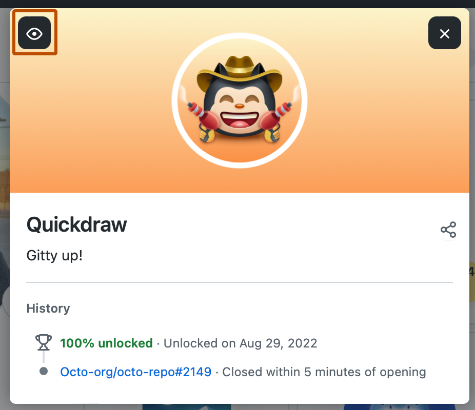 Screenshot of an achievement. An open eye icon is highlighted with an orange outline.
