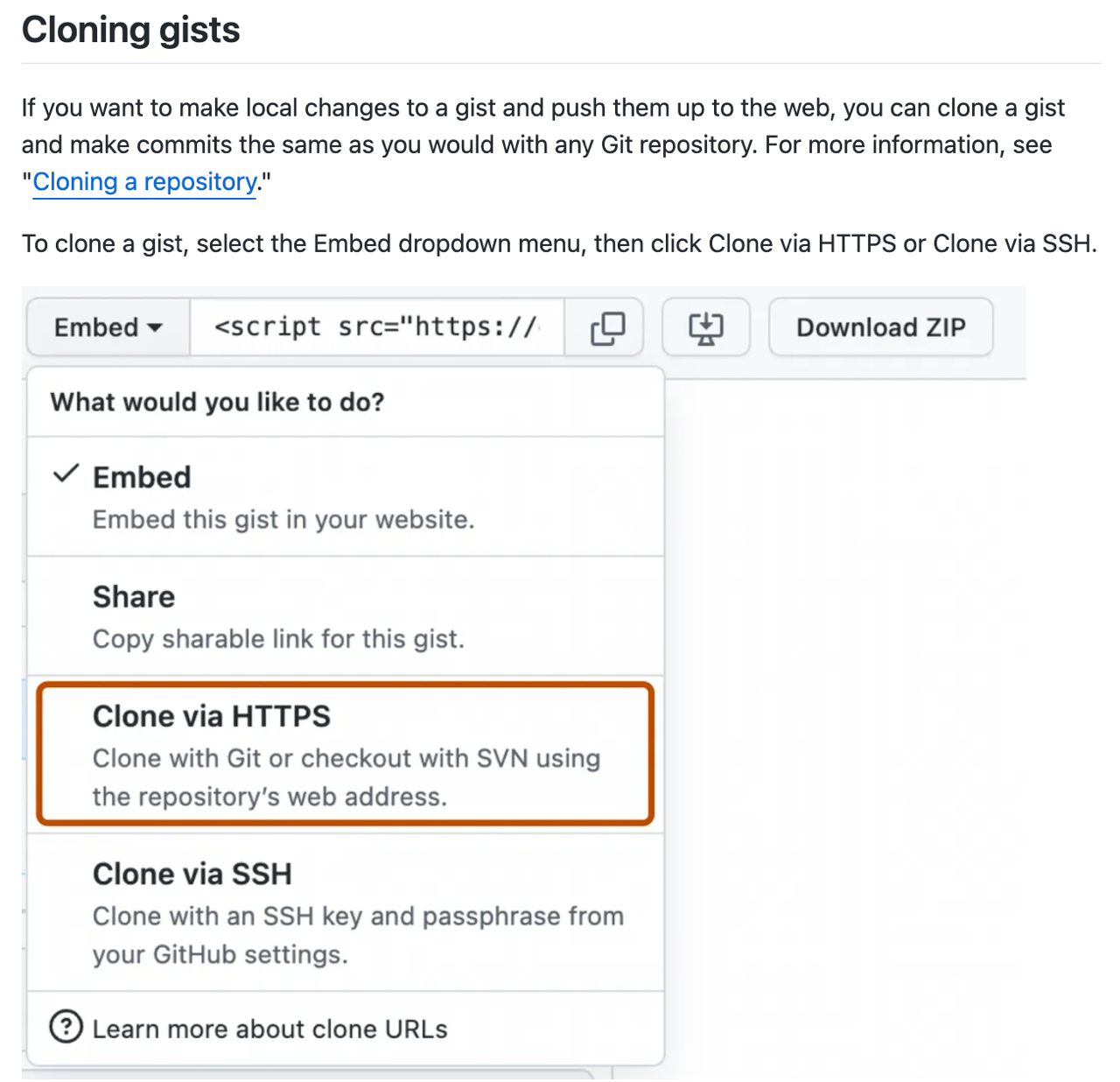 Captura de pantalla de un artículo que muestra instrucciones y una captura de pantalla de UI para clonar un gist en GitHub.