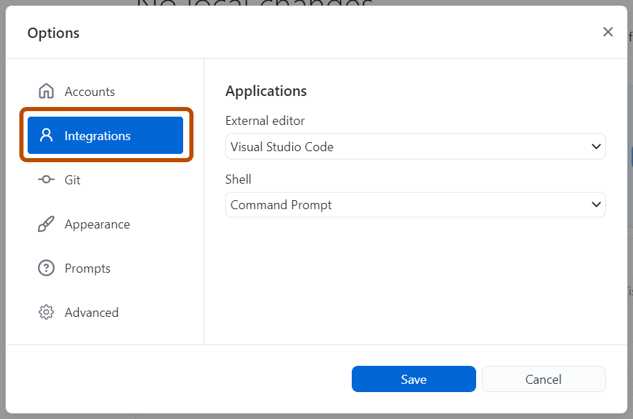 Screenshot of the "Options" window. En la barra lateral izquierda, la opción "Integraciones" aparece resaltada en azul y cpn un contorno en naranja.