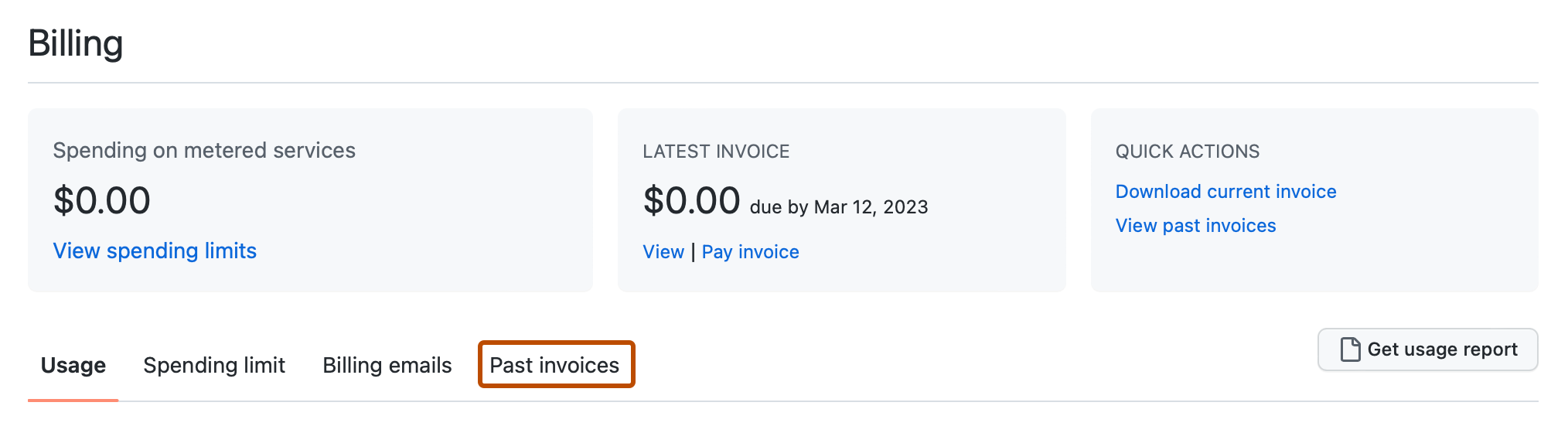 Screenshot of the billing page for an enterprise account. A tab, labeled "Past invoices", is highlighted with an orange outline.