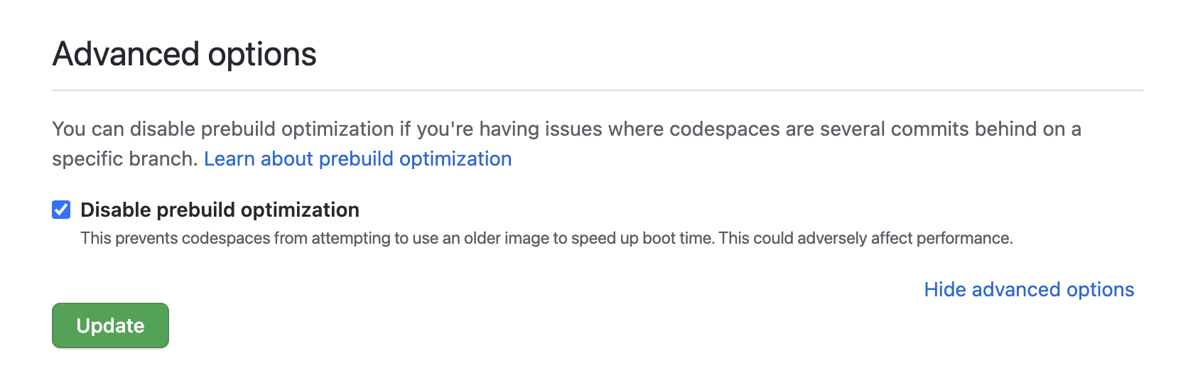 “高级选项”设置的屏幕截图。 已选中标有“禁用预生成优化”的复选框。 下面是“更新”按钮。