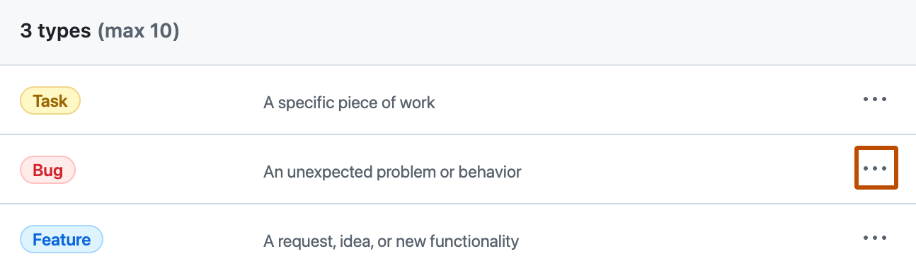 Captura de tela da página de configurações dos tipos de problemas para uma organização. O botão "Abrir opções de tipo" é realçado com um retângulo laranja.