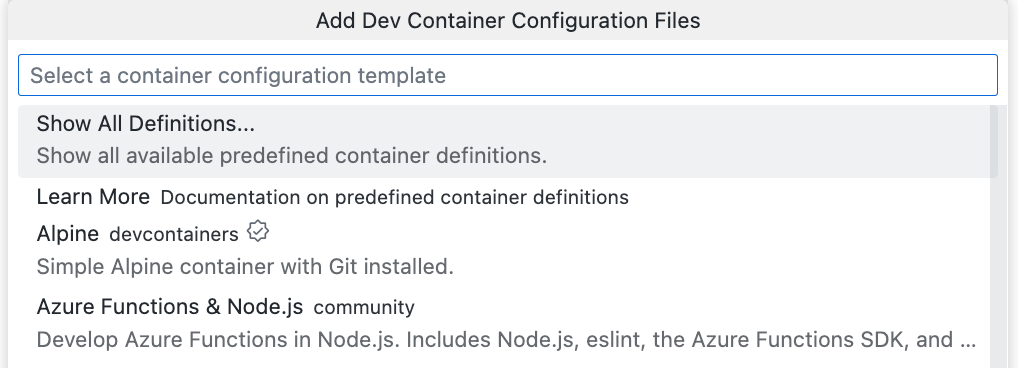 Screenshot of the "Add Dev Container Configuration Files" dropdown, showing various options, including "Show All Definitions."