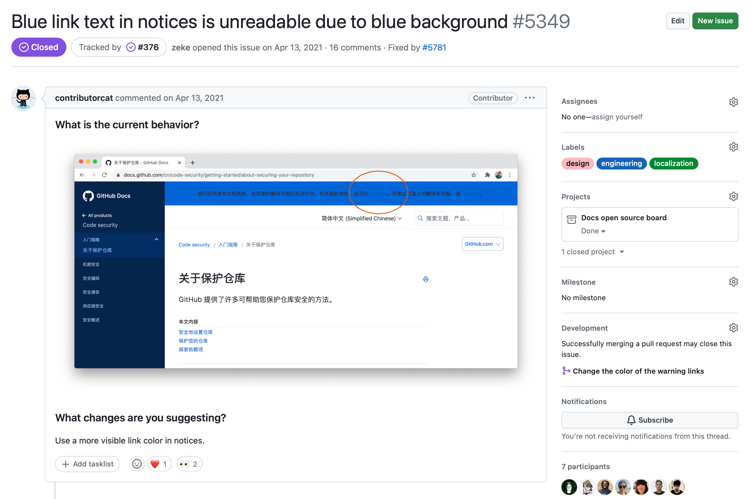 Screenshot eines Issues mit dem Titel „Blauer Linktext in den Benachrichtigungen unlesbar aufgrund des blauen Hintergrunds.“