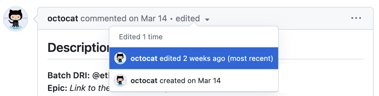 Screenshot eines GitHub-Kommentars mit einem geöffneten Dropdownmenü zum Anzeigen vorheriger Bearbeitungen des Kommentars