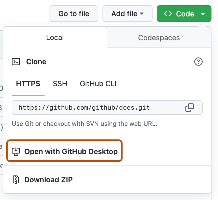 存储库的“代码”下拉列表的屏幕截图。 标记为“使用 GitHub Desktop 打开”的按钮以深橙色标出。