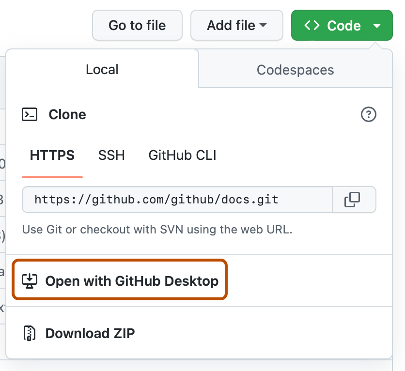 Captura de tela do menu suspenso "Código" de um repositório. Um botão, rotulado como "Abrir com GitHub Desktop" tem um contorno laranja escuro.