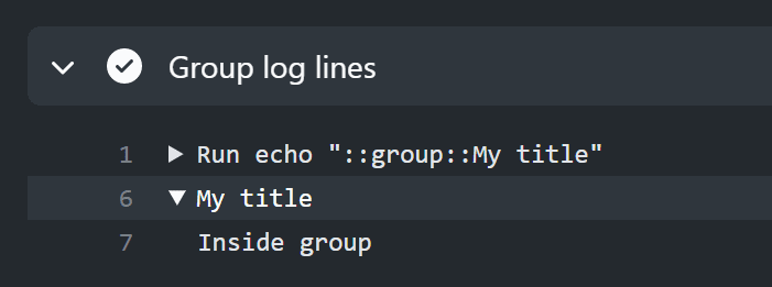 Screenshot of the log for the workflow step. The second line, "My title", is prefaced by a downward arrow, indicating an expanded group. The next line, "Inside group", is indented below.
