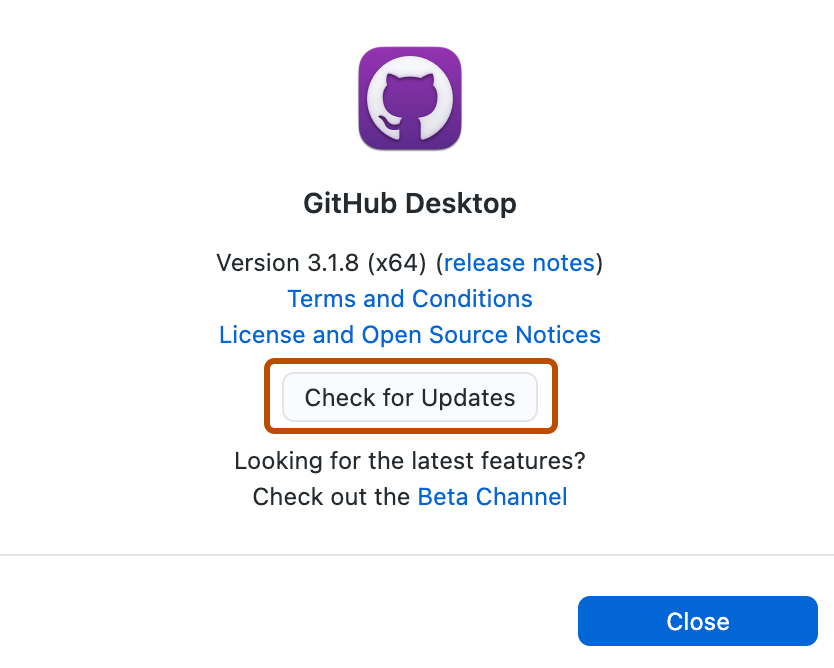 "GitHub Desktop" 창의 스크린샷. 버전 세부 정보 및 외부 리소스에 대한 링크 아래에서 "업데이트 확인" 레이블이 지정된 단추가 주황색으로 표시됩니다.