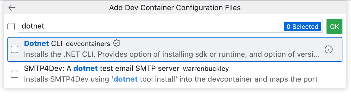 Captura de pantalla de la lista desplegable "Agregar archivos de configuración de contenedor de desarrollo", que muestra "dotnet" en el cuadro de texto y "CLI de Dotnet" en la lista desplegable.