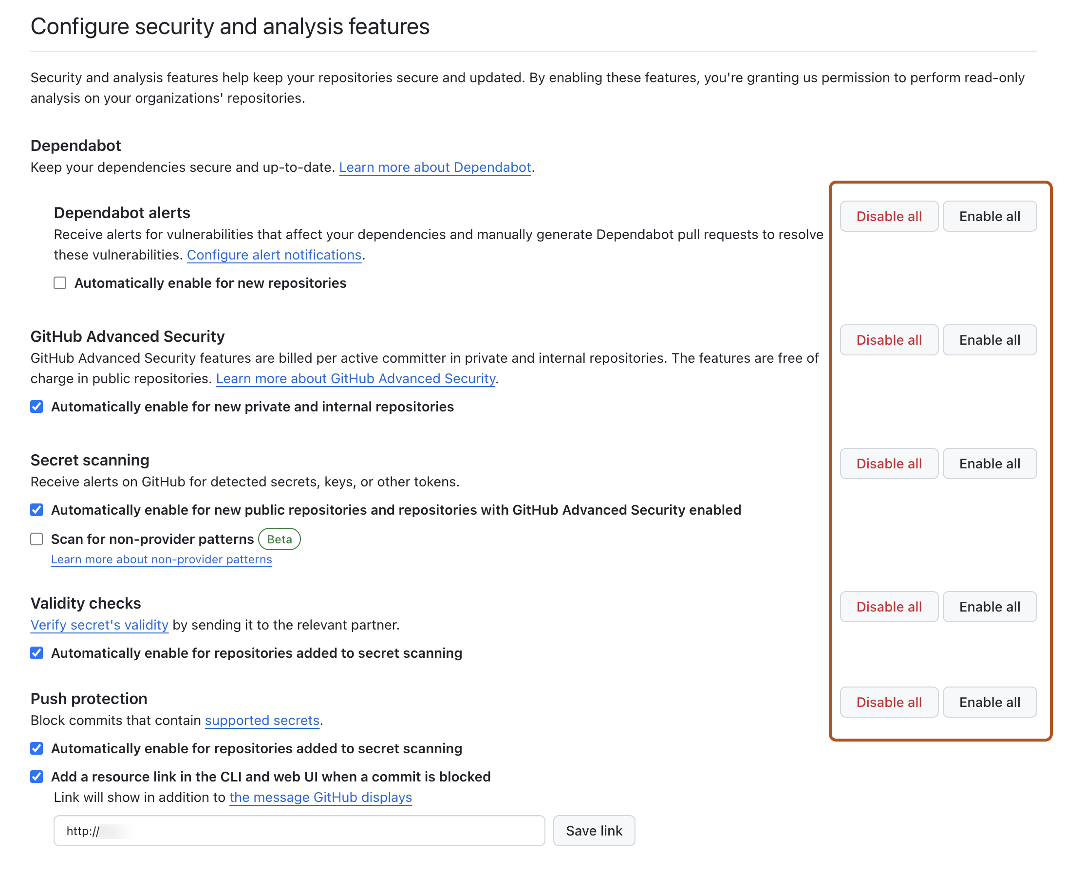 Screenshot of the "Configure security and analysis features" section of the enterprise settings. To the right of each setting are "Enable all" and "Disable all" buttons, which are outlined in dark orange.