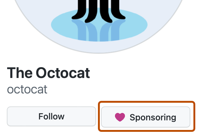 Снимок экрана: боковая @octocatпанель страницы профиля. Кнопка со значком сердца и надписью "Спонсорство" выделена темно-оранжевым цветом.
